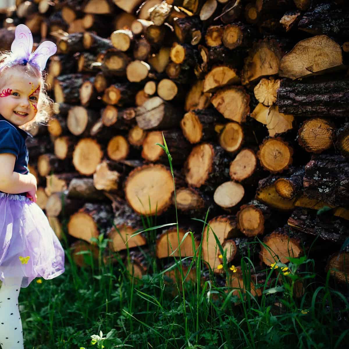 Little girl in a fairy costume with butterfly wings.